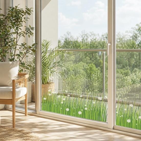 Frühling Sommer Blumen Fensteraufkleber, Wildblumen Gras Fenstersticker für Glasfenster, Doppelseitiger Statischer Anti-Kollisions Blumendekal für Klassenzimmer
