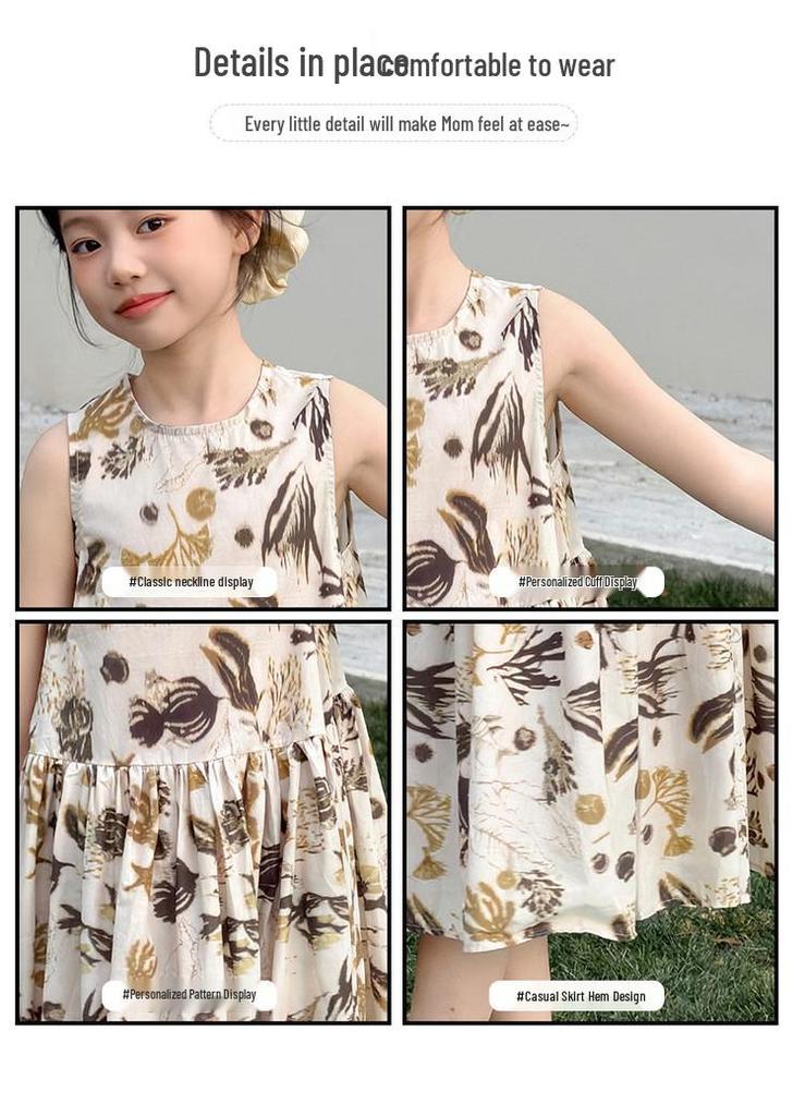 Girls' 2026 Summer Floral Spaghetti Strap Dress - High-End, Stylish Tank Top Dress