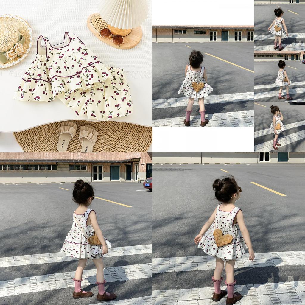 Charming Two Piece Summer Set For Little Girls Featuring Cherry Blossom Print Design