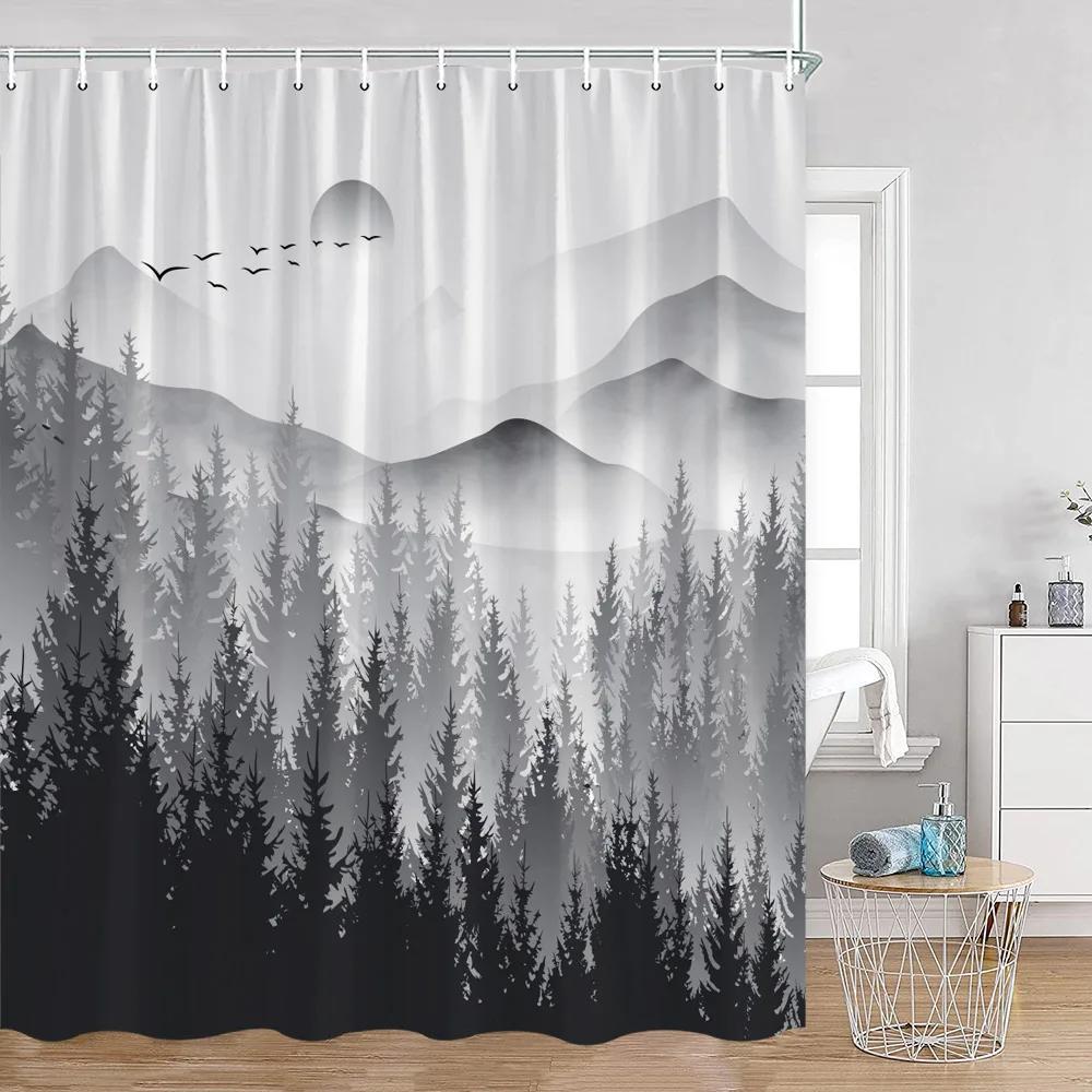 Duschvorhänge mit nebligen Wäldern, verschneite Kiefern, grüne Wälder, Naturlandschaft, minimalistisches Badezimmerdekor, moderner Badevorhang aus Polyester