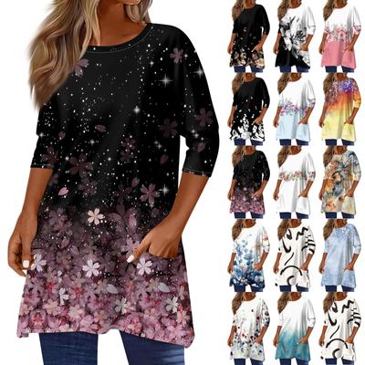 3/4-Ärmel-Oberteile für Damen, T-Shirt, lässiges bedrucktes Oberteil, T-Shirt, Rundhalspullover, Bluse