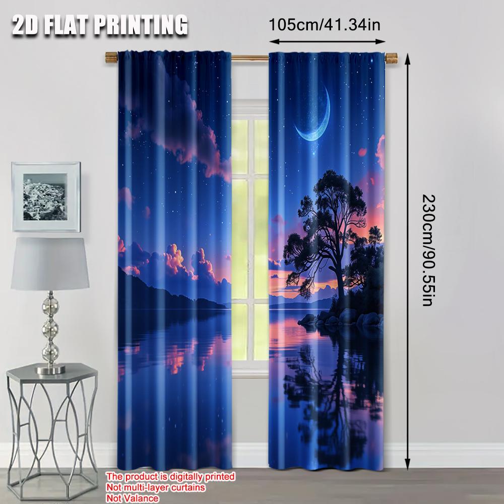 Set Of 2 Flat Printing Curtain Starry Night Lake Versatile Polyester Without Electricity Birthday Party Perfect