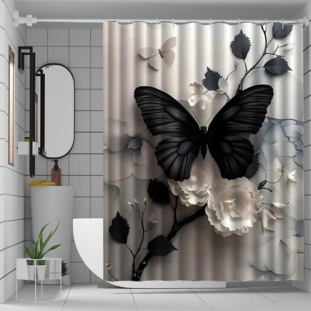 1pc black butterfly shower curtain, high-end elegant bathroom curtain, multi-functional, bathroom decoration pattern
