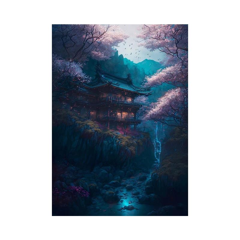 

Ретро Фэнтези Япония Дом Деревенский Пейзаж Плакаты и принты Холст Картины Озеро Сакуры Настенное Искусство Для Гостиной Домашний Декор 50x70cm No Framed