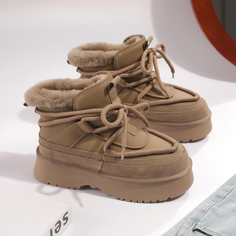 Cowhide snow boots women's new winter leather warm medium tube short diagonal women's cotton shoes boots