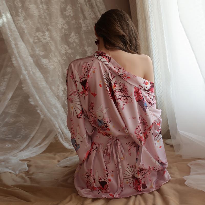 Women's Nightgown Japanese Style Sexy Low-cut Cardigan Pajamas Flower Print Kimono Bathrobe Women's Satin Robe