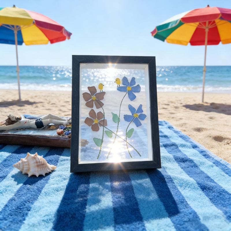 Handmade Sea Glass Art Frame Table Decors Forget Me Not Flower Birds Sea Glass Table Art Decors Gift for Friend
