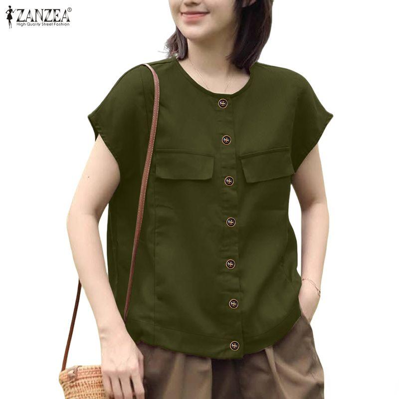 ZANZEA Women Casual Round Neck Solid Color Short Sleeve Blouse