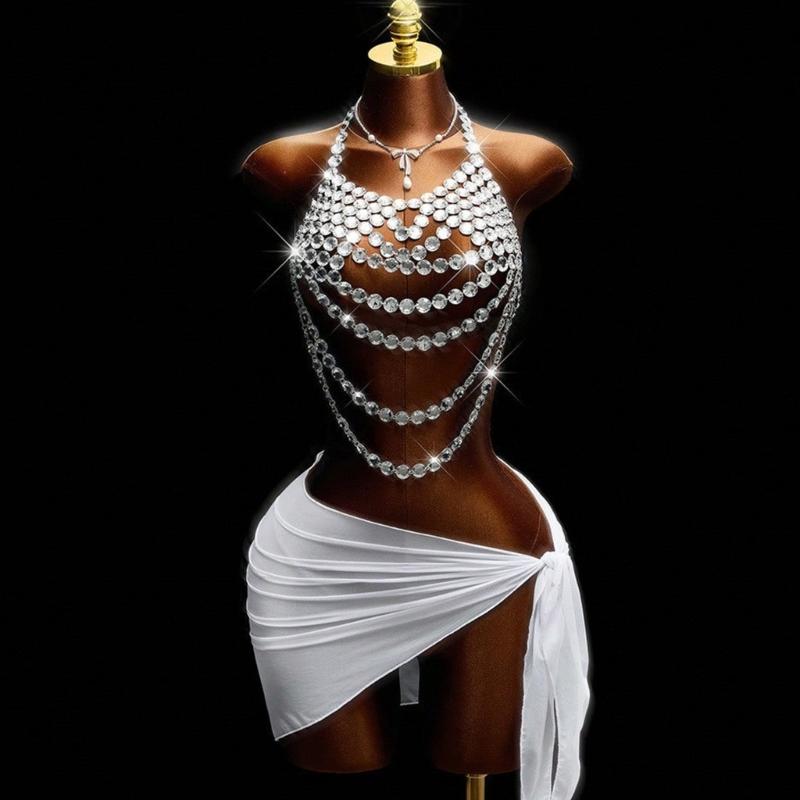 Multi Layer Halter Body Chain Top Sparkly Draped Chest Jewelry Accent for Festival Outfit, Stagewear and Evening Looks