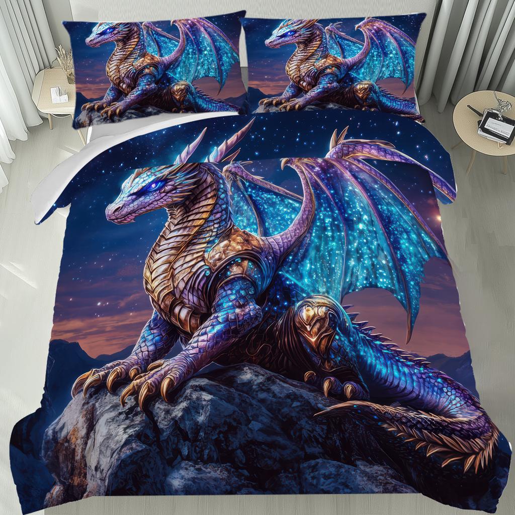 3Pcs Starry Sky Moon Purple Blue Dragon Bedding Set 3D Printed Fantasy Winged Dragon Duvet Cover Set For Bedroom