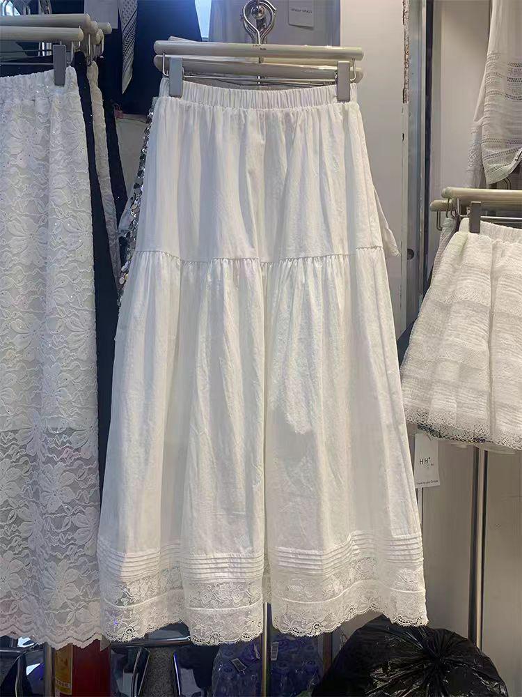 

Spring White Lace A-Line Midi Skirt - Trendy Patchwork, Slimming High Waist, Loose Fit One Size белый