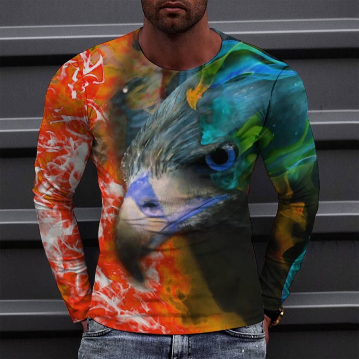 

Men s Eagle Hand-painted Pattern Casual T-Shirts Long Sleeve Streetwear 3D Animal Printing Hip Hop Male Tops Tee 6XL
