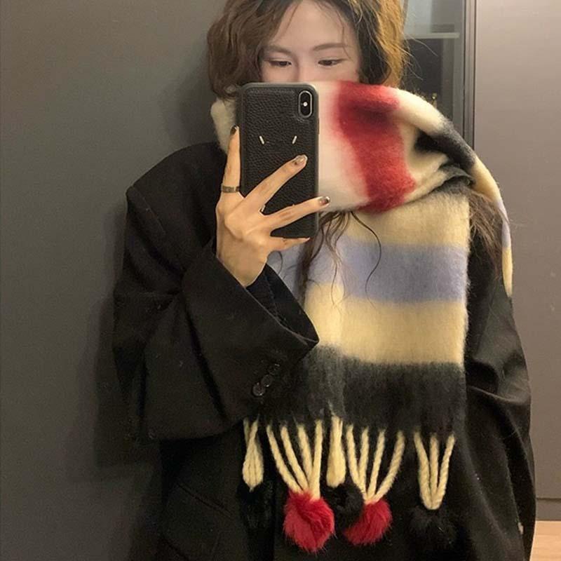 Winter new high-end warm thickened scarf women's winter dopamine striped hairball cold-proof shawl