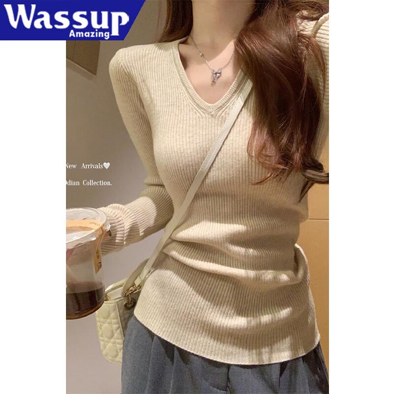 WASSUP Minimalist V-Neck Knitted Long-Sleeve Sweater