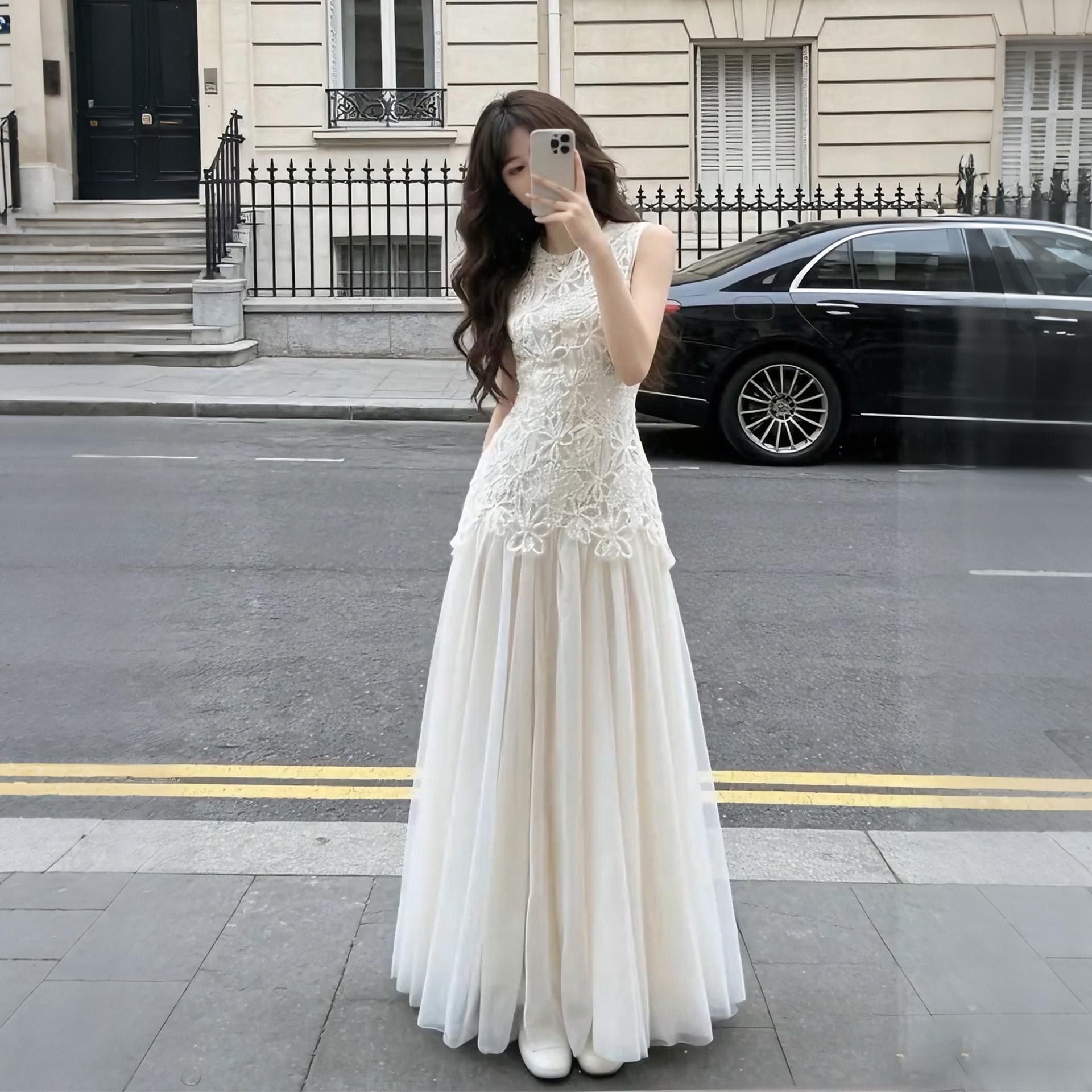 Gentle wind lace splicing mesh dress summer temperament thin sleeveless vest long dress women s new S
