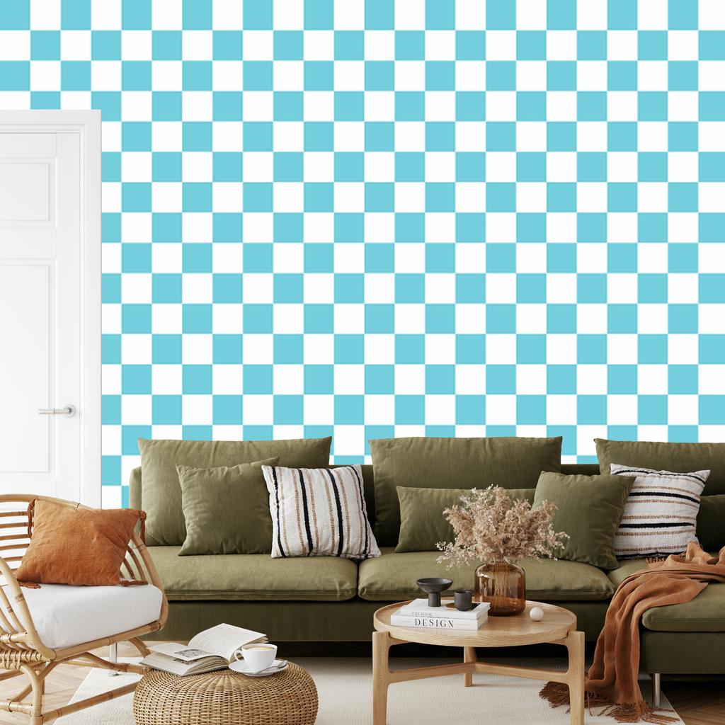 Checkerboard Wallpaper In Aquamarine and White for Living Room and Bedroom 50x1000