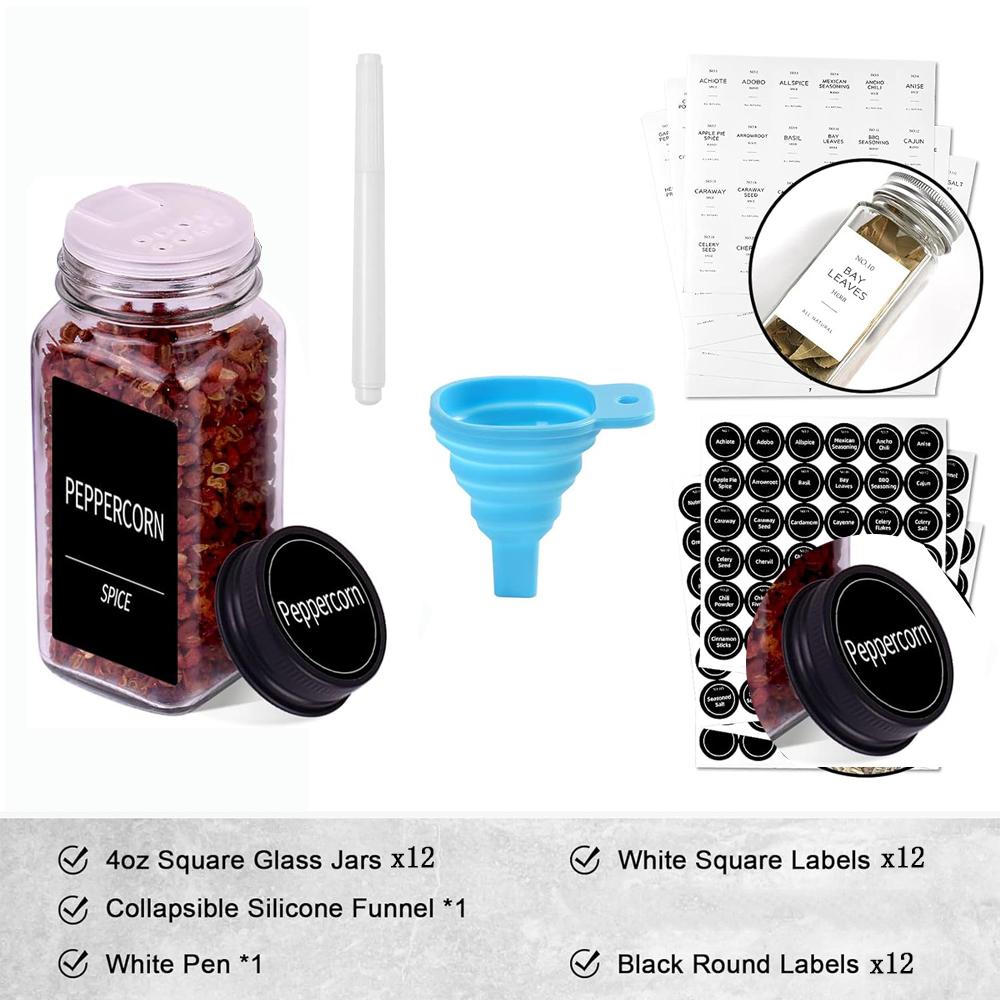 Glass Spice Jars with Labels 4oz Empty Square Spice Containers Seasoning Bottles Shaker Lids, Funnel, Brush and Marker Included