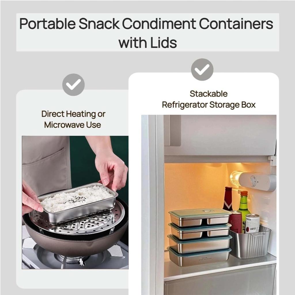 Reusable Stainless Steel Snack Containers with Lids, Stainless Steel Double Compartment Snack Box Containers Condiment Lunch Container with Lids, for