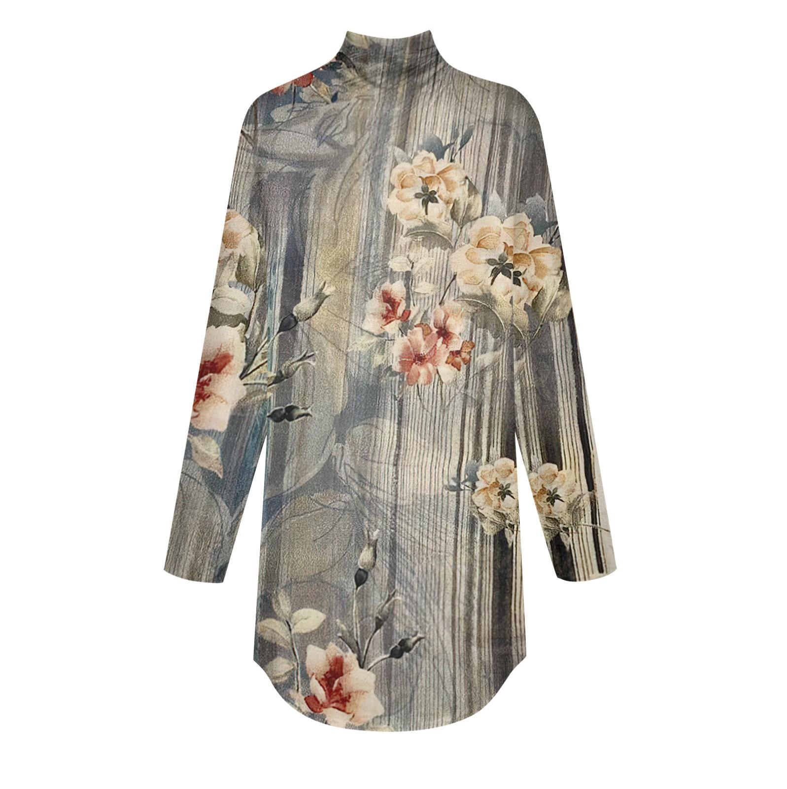 Женская модная повседневная футболка с длинным рукавом с высоким воротом и принтом — фото 5