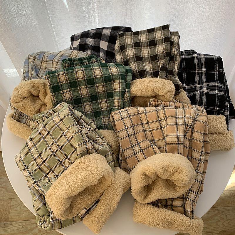 Winter Thick Plaid Pants Women Korean Fashion Warm Loose Wide Leg Trousers Student Y2K Causal High Waist Pants Outwear