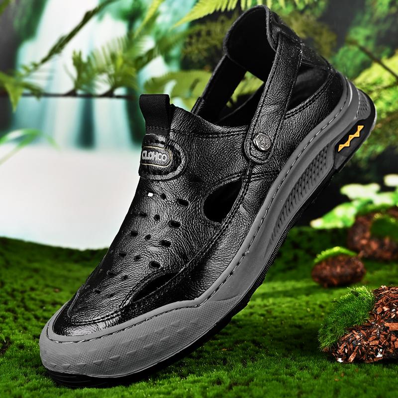 Fashion Summer Fashion New Men's Comfortable Two-layer Cowhide Toe Cap Sandals Brand Outdoor Men's Thick Soled Anti Slip Beach Shoes