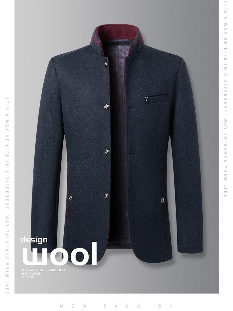Men’s Autumn & Winter Business Woolen Jacket - Stand-up Collar, Thickened Fashion Coat for Middle-Aged