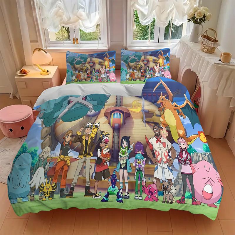 Pokmon Anime Adventure Printed 3pcs Bedding Set Soft Microfiber 1 Duvet Cover And 2 Pillowcases Home Bedroom Decor Xmas Gift Q1137
