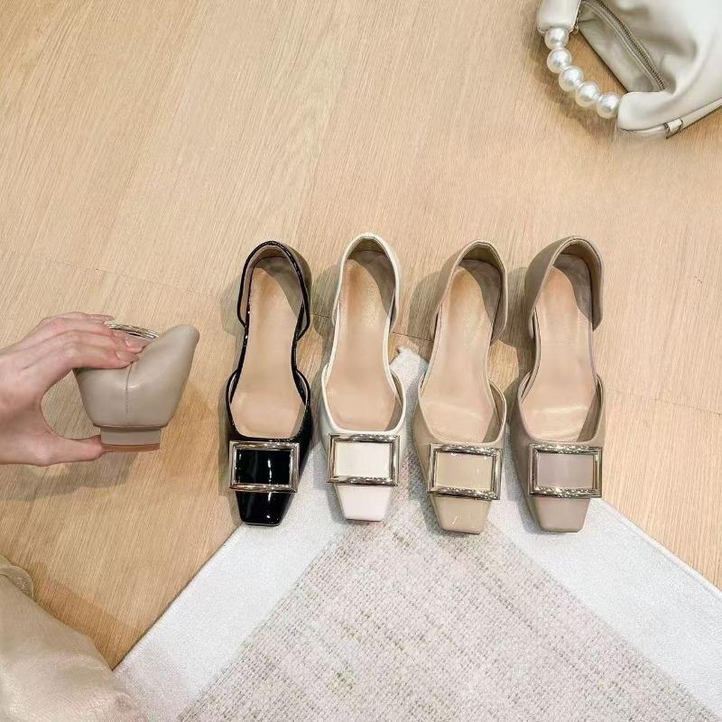 Fashion Heightened Block Heel Single Shoes Autumn New Square Toe Shallow Mouth Metal Buckle Slip-on Non-Slip Low-Top Shoes