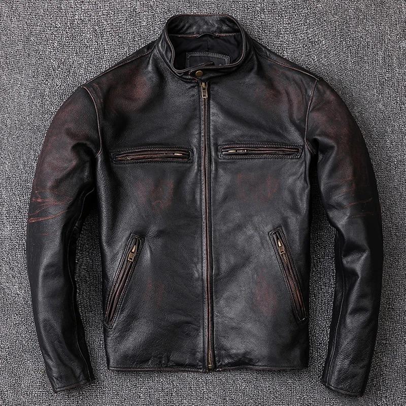 Chinese Size Men Leather Jacket Vintage Black 100% Natural Genuine Cowhide Coats Men's Leather Coat Male Clothes Autumn