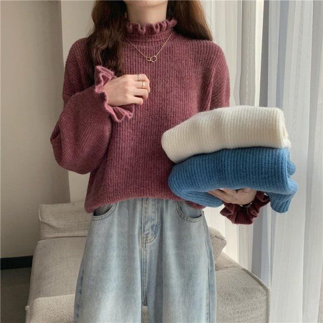 Women's French Style Ruffled Turtleneck Base Layer Autumn Winter Long Sleeve Knitted Top