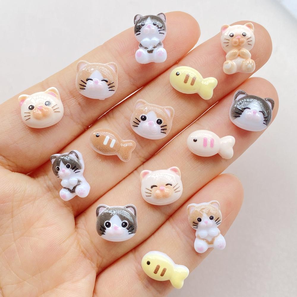 50Pcs Cute Cartoon Mini Cat, Little Fish Series Nail Art Resin Designer Charms DIY Craft For Nail 3D Decorations Jewelry
