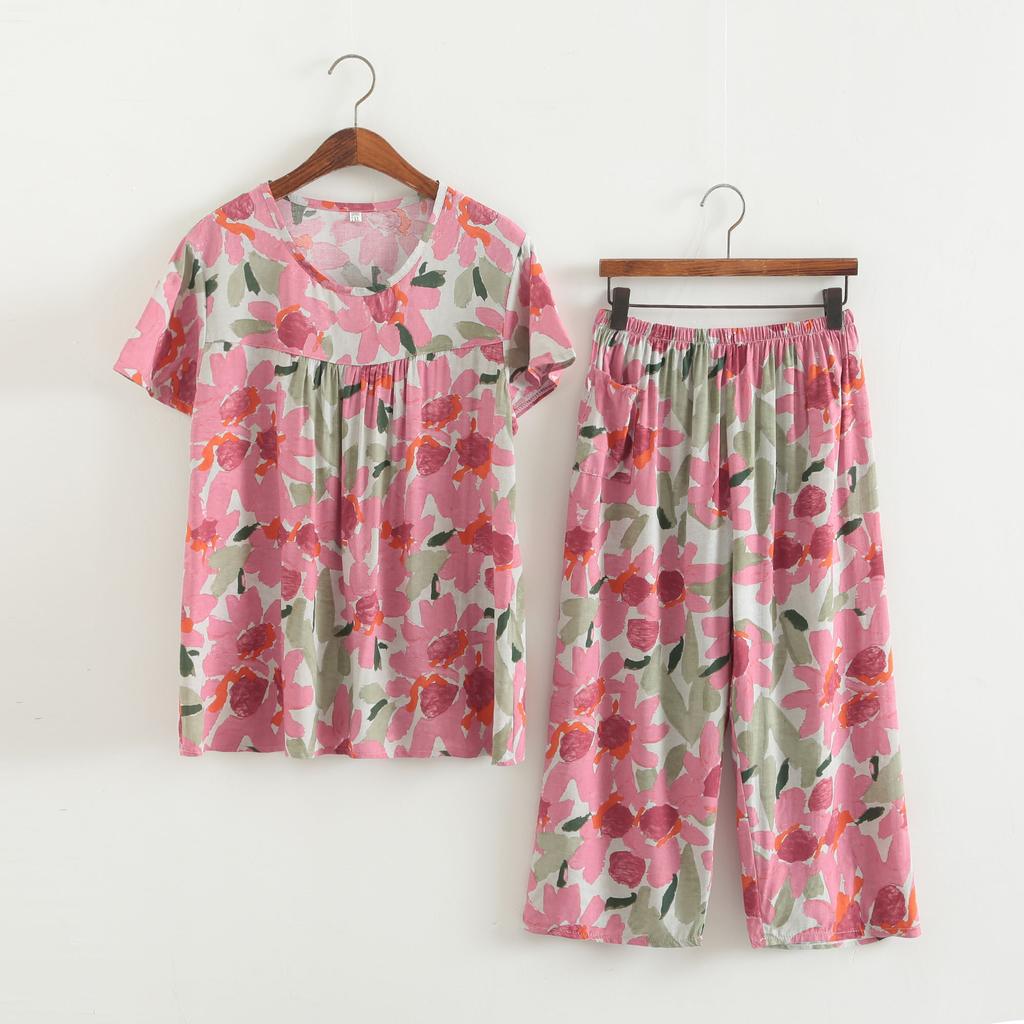 Baumwollseidenset Kurzarm-Caprihose für Damen mittleren Alters und ältere Frauen im Sommer, dünnes Oberteil, cooles Zuhause