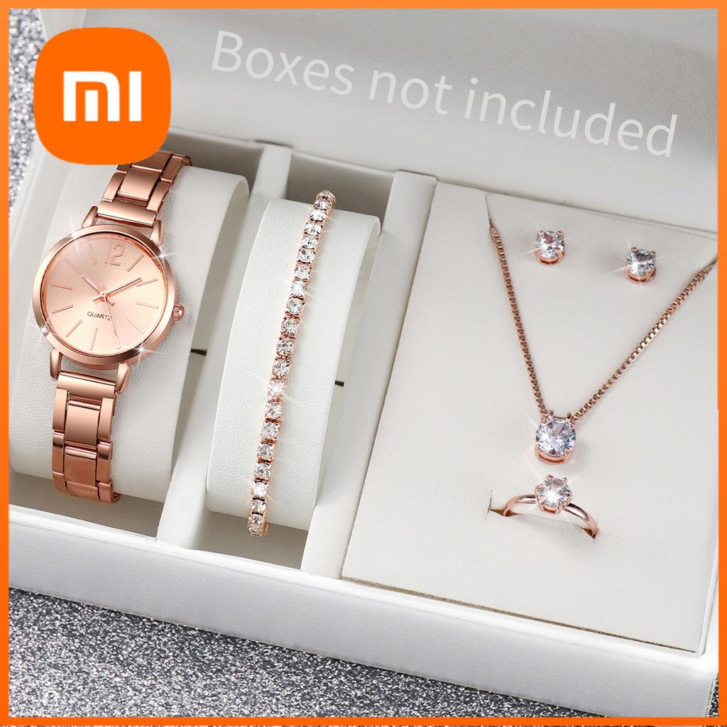 Xiaomi 6PCS/Set Women's Watch Fashion Stainless Steel Band Analog Quartz Watches Diamond Jewelry Set(Without Box)