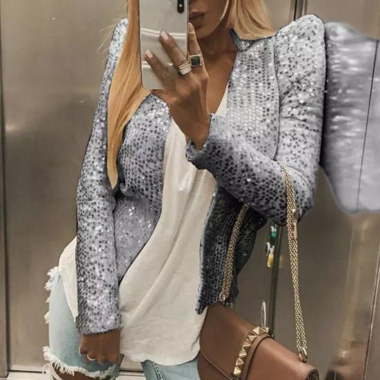 Jaqueta feminina manga comprida streetwear pele-toque brilhante glitter cardigan jaqueta outwear para escritório