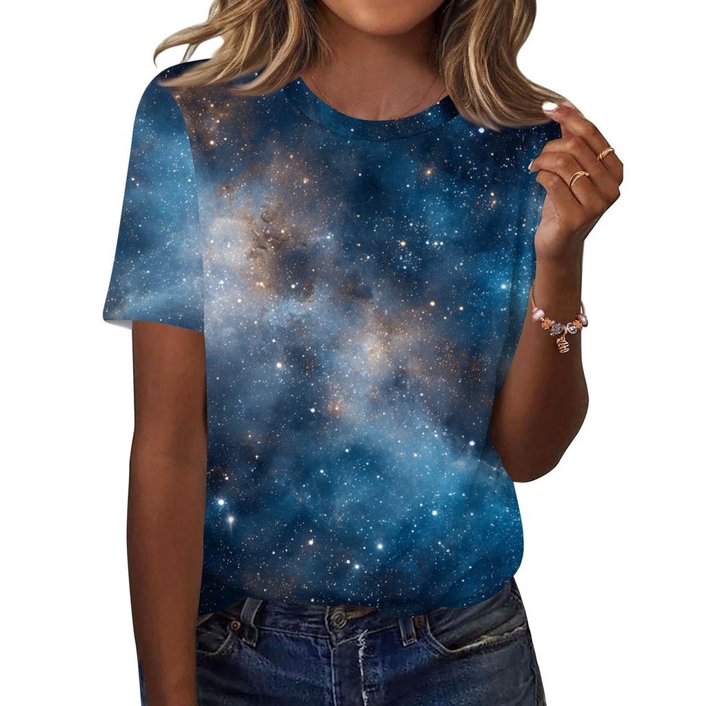 Women's Fashionable Casual Short Sleeve Print Round Neck Pullover Top