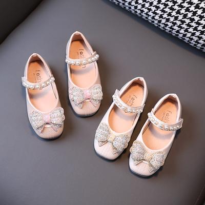 Girls' Leather Shoes Children's Soft-soled Princess Spring Shallow New Korean Big Kids Girls' Bow Rhinestone Pearls Dress Shoes