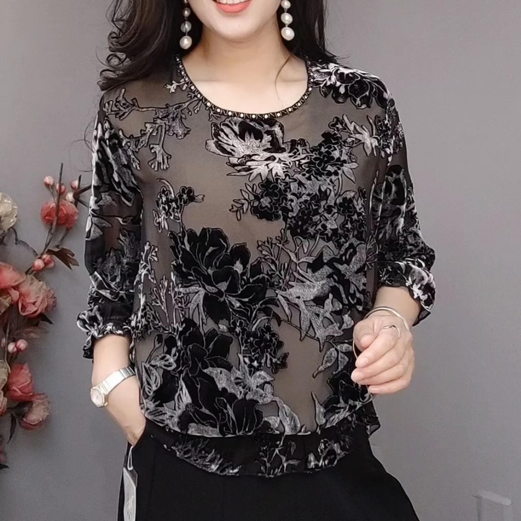 Autumn Women's Printed Velvet Blouse Loose Soft Pullover Long-sleeve Plus Size Velvet Blouse