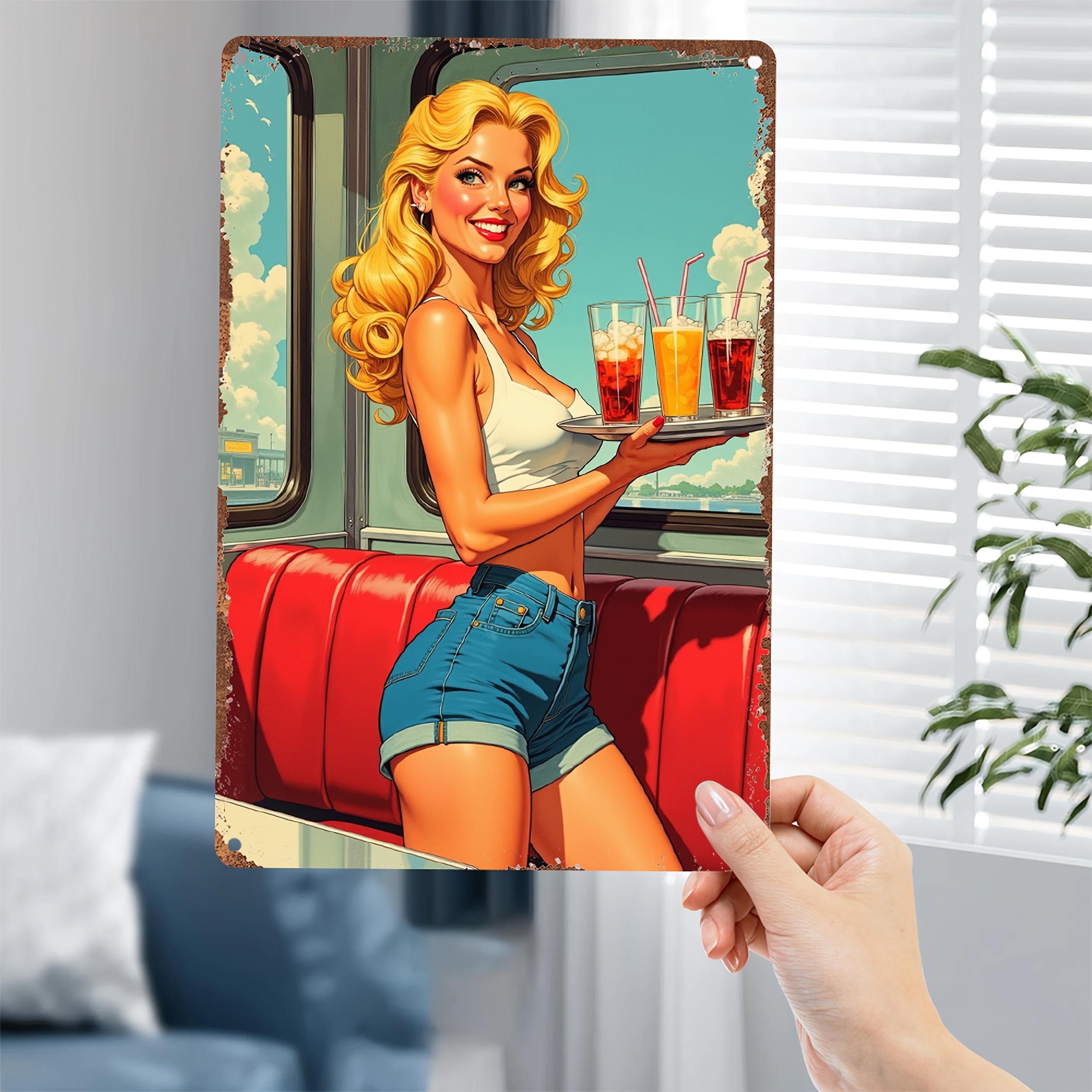 Винтажная металлическая жестяная вывеска в стиле American Diner Ретро 1950-х Официантка с стаканами для газировки Красный диванчик Прочный металлический настенный декор для дома 20x30cm（7.8x11.8inch）
