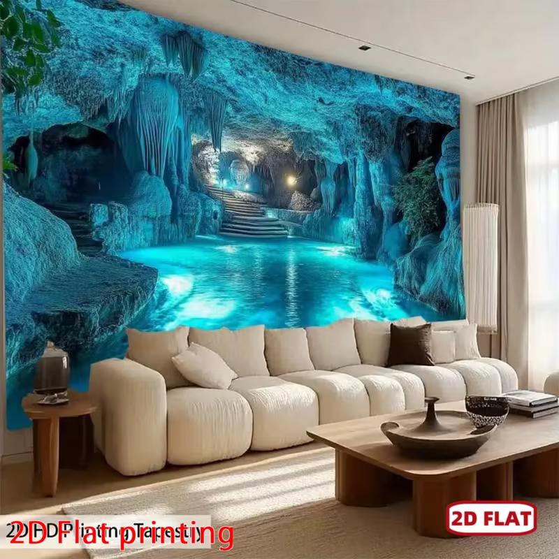 2D Fantasy Crystal Cave Tapestry, Mystical Lake Scenery for Bedroom