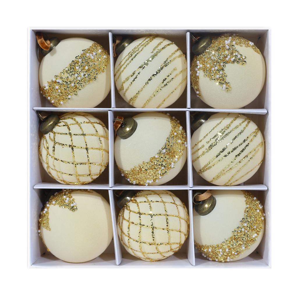 Lamp-painted Plastic Christmas Tree Decorative Hanging Ornaments, 8cm 9pcs Flocked Christmas Ball Set