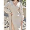 2026 Autumn European & American Solid Color Slim Knit Sweater Over-the-Knee Long Dress Set for Women