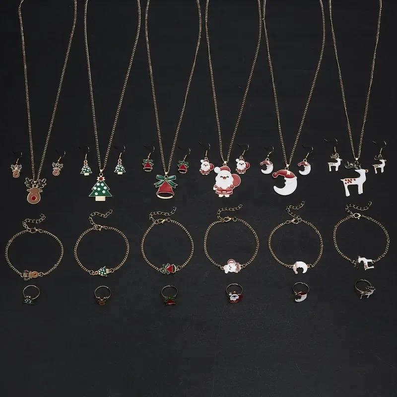 4PCS/Set Christmas Women Alloy Jewelry Set Santa Elk Bell Earrings Necklace Bracelet Decor Xmas Accessories Gift for Girl Women
