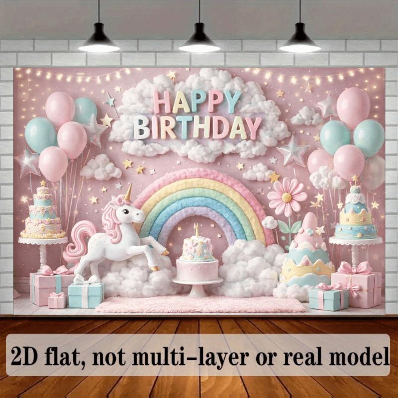 2D Plane Fantasy Unicorn Birthday Party Backdrop Fabric Soft Pink Wall with Warm Light String Lights