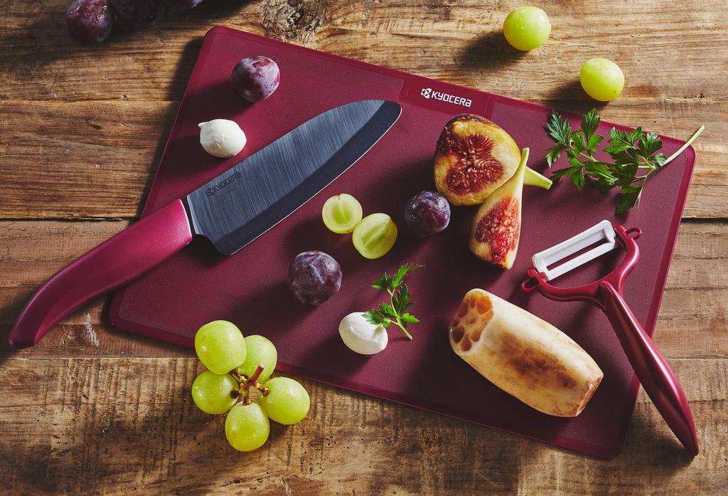 Kyocera Ceramic Kitchen Bordeaux Santoku Cutting Ceramic Knife Gift Pack 3-Piece Set, (14cm Knife, Peeler, Board) GF-302B-BD