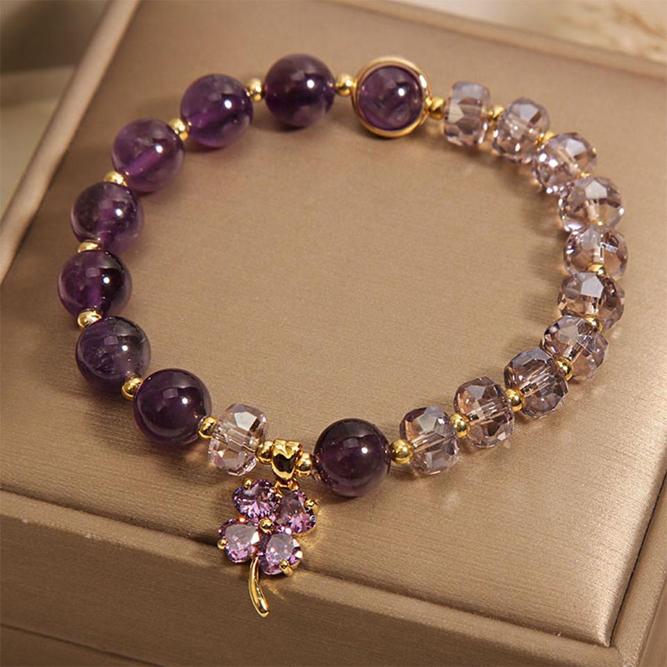 ZAKOL Japanese and Korean Fashion Purple Crystal Bracelet Leaves Flowers Stone Pendant Beaded Bracelets Women Girls Zircon Gift