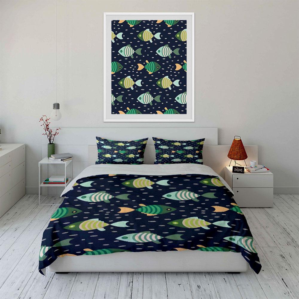 Striped Fish Pattern Design Bedding Duvet Cover Set (1*Duvet Cover 2*Pillowcases, without duvet insert)