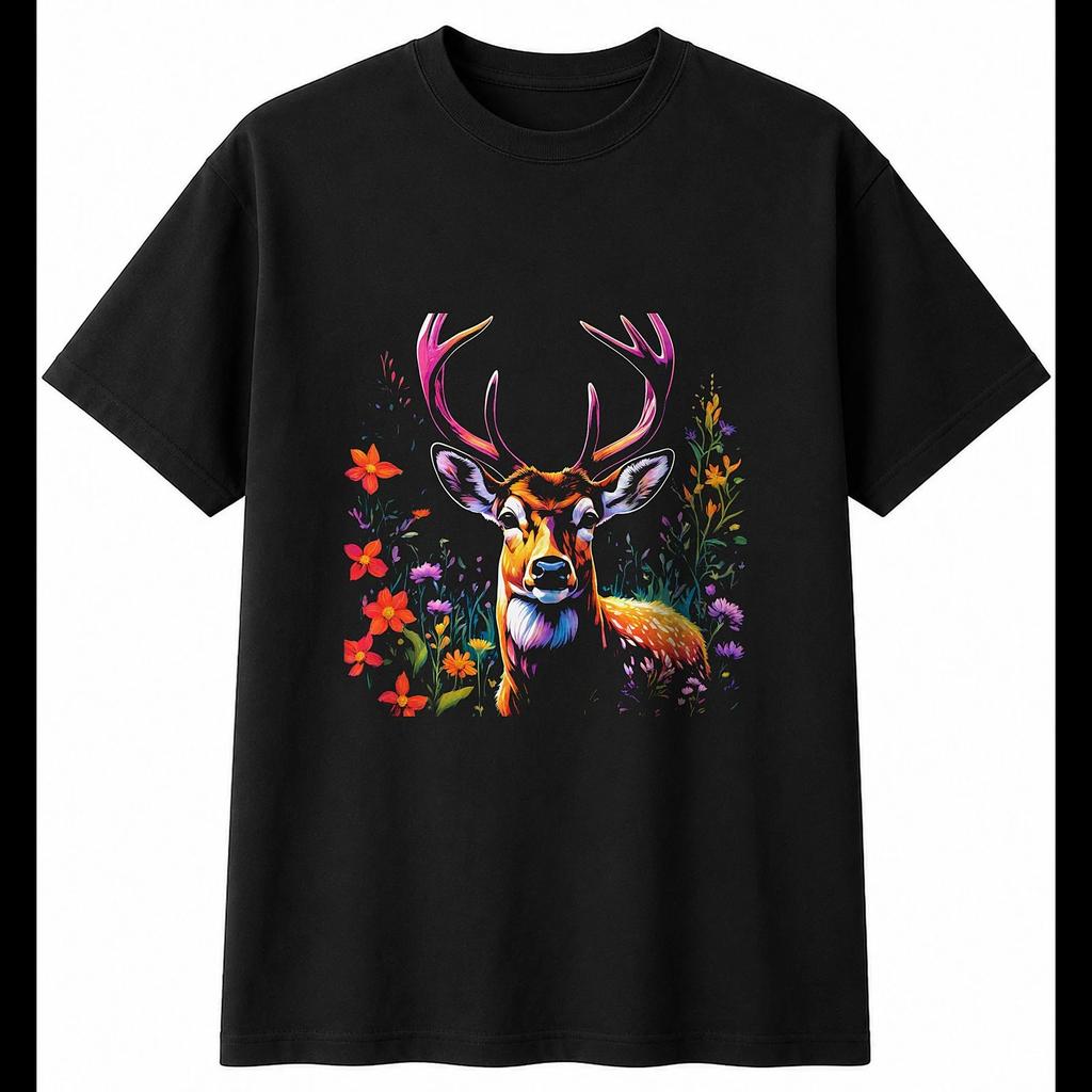Fallow Deer with Flowers Mens T-Shirt Wildlife Black 100% Cotton Nature Printed