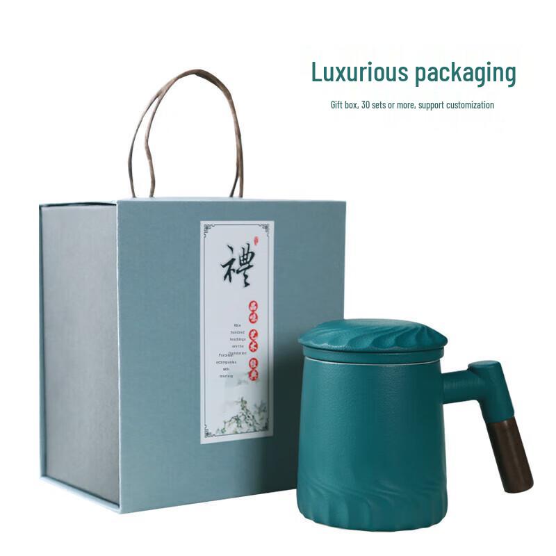 Cha Xun Ceramic Tea Mug with Lid, Infuser, and Wooden Handle