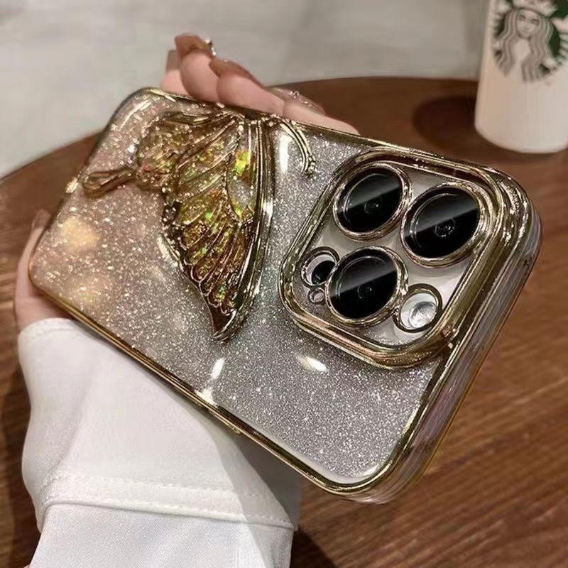Electroplating Dream Butterfly Quicksand IPhone 16 Mobile Case Gradient Glitter Powder Applicable To Apple 15 ProMax Protective Case for Women