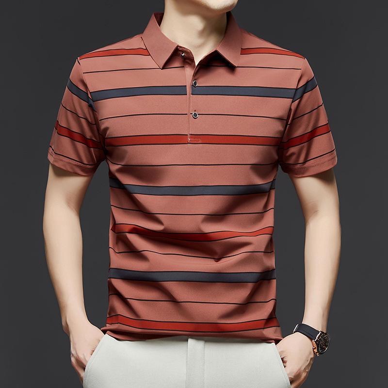 Short Sleeved Men's Polo Shirt Summer New Business Casual Striped Thin Ice Silk T-shirt Base Shirt